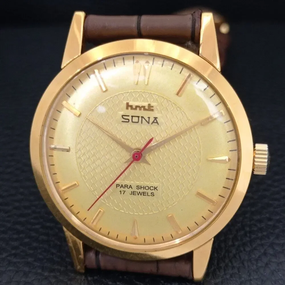 Vintage 1987 HMT Manual Wound Mens Gold Watch & Red accents